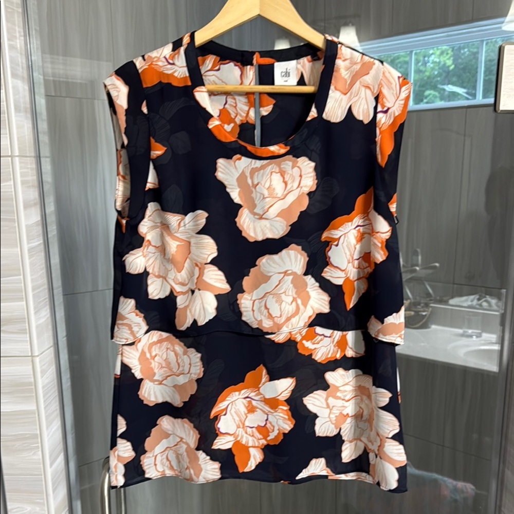 CAbi Women's Navy and Orange Floral layered Blouse